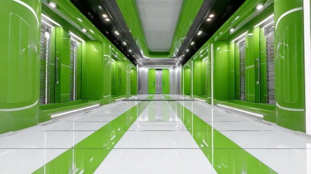 Futuristic Hallway with Green Accents: A sleek, modern hallway with bright green accents and parallel elevator doors creates a sense of futuristic design and efficient urban transit.