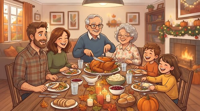 A heartwarming depiction of a family gathered around a beautifully set thanksgiving table sharing a festive meal and creating cherished memories during this special holiday