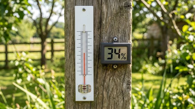 Thermometer and hygrometer gauge mounted on wood post in garden