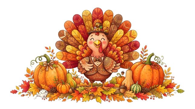 A delightful and whimsical thanksgiving turkey illustration bursting with autumnal colors and festive cheer showcasing a charming cartoon bird surrounded by pumpkins and harvest bounty