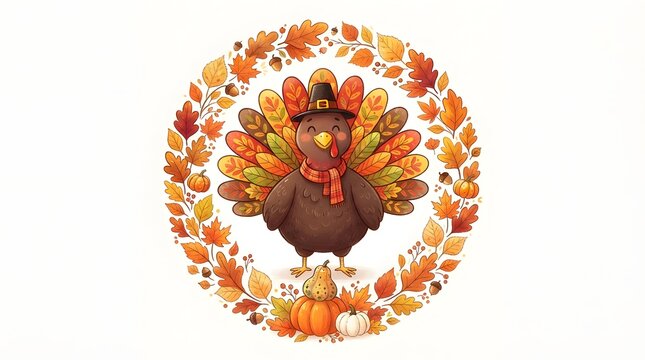 A festive thanksgiving turkey cartoon illustration featuring a cute bird wearing a pilgrim hat surrounded by a beautiful wreath of colorful autumn leaves and pumpkins