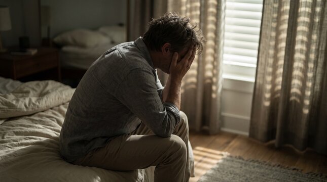 Distressed man sitting on his bed covering his face with his hands while experiencing deep sadness, emotional pain, mental exhaustion, and significant personal life stress