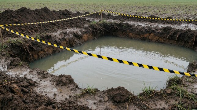 Excavation pit filled with water sits in open field. Yellow caution tape marks the boundary around the muddy area. This scene shows drought impact and water scarcity.
