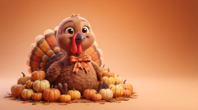 A delightful and charming cartoon turkey surrounded by a festive harvest of pumpkins and gourds embodying the spirit of thanksgiving and the joy of autumnal
