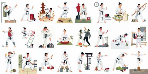 Obraz premium A Diverse Collection of Martial Arts Illustrations Featuring Male and Female Fighters Practicing Karate and Taekwondo Techniques, Training with Equipment, and Meditating.