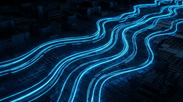 Blue energy lines stream across circuit board in digital network. Dark hardware forms background while luminous tracks bend and branch through electronic pathways with futuristic precision.