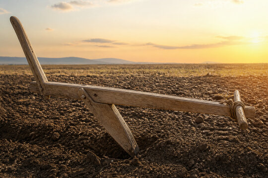 Ancient wooden ard plow in sunlit furrow field