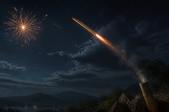 Historic bamboo rocket and fireworks in night sky