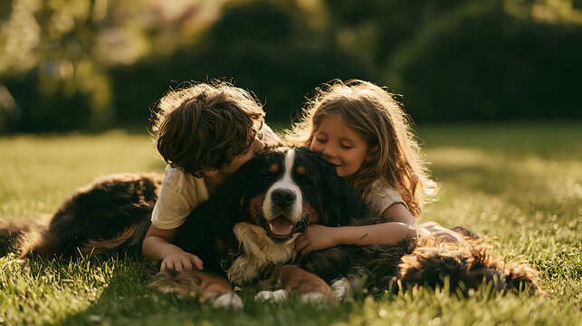Cute and friendly dog happily interacting with a child, creating a warm, joyful, and trustworthy family moment.