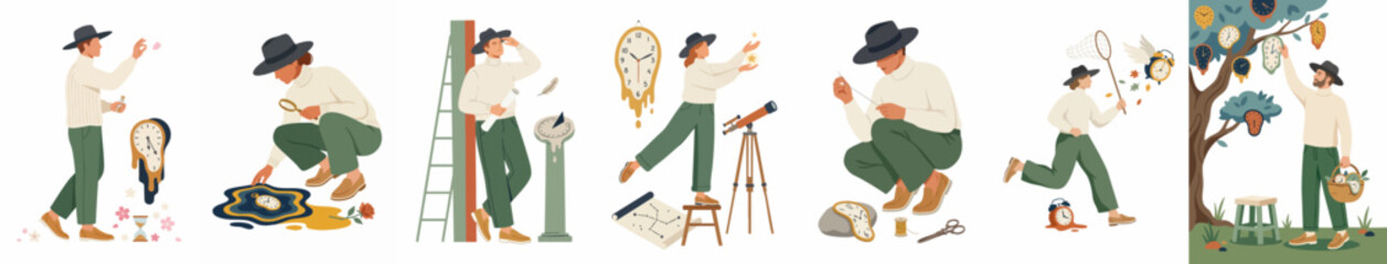 Naklejka premium A collection of surreal illustrations featuring a man interacting with melting clocks, hourglasses, and scientific instruments to represent the concept of time.
