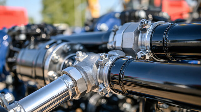 Detailed close view of a dense cluster of polished silver metal tubes joined by reinforced bolts and hydraulic fittings, subtle fingerprints and machining textures visible under bright light, high p