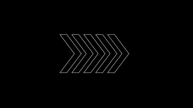 Series of four parallel white outline arrows pointing right on a solid black background for motion