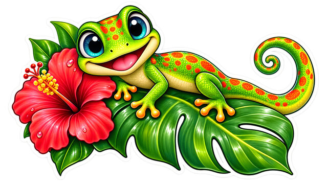 Green gecko on colorful flowers