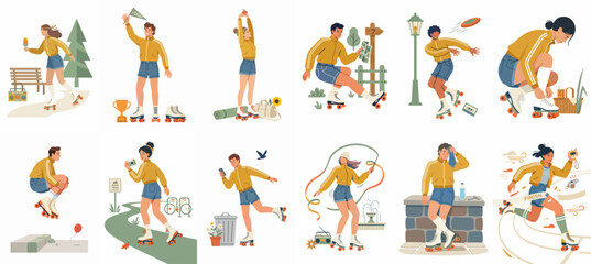 Fototapeta premium Flat vector illustration set of people roller skating in various activities, including racing, dancing, stretching, and leisure skating in a park.