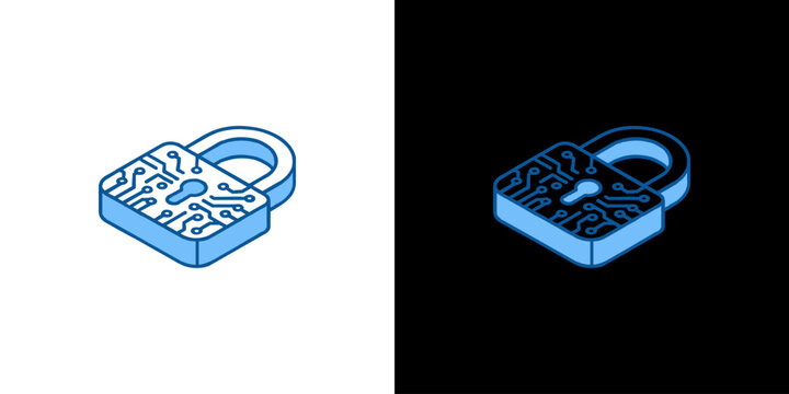 Isometric Digital Lock Icon with Circuit Board Pattern on Light and Dark Backgrounds