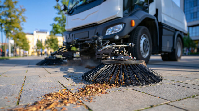 Modern street sweeper cleaning a spacious paved city plaza, circular rotating brushes pushing dust and small debris toward the suction system, bright architecture in the distance, clear daylight, ur