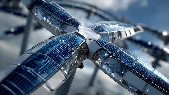Futuristic Solar Energy Tower: A modern, star-shaped structure with integrated solar panels rises towards a cloudy sky, symbolizing innovation in renewable energy.