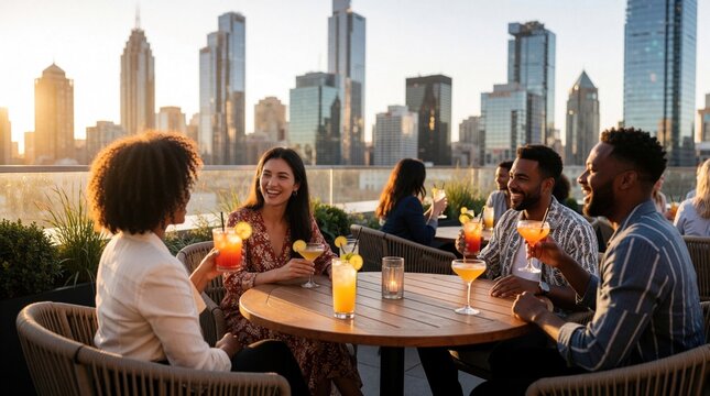 Friends enjoy cocktails on urban rooftop bar lounge. Diverse group socializes with drinks. City skyline view at sunset. Lively conversation and laughter.
