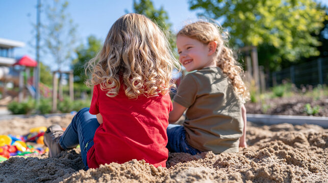 Rear view of two toddlers sharing colorful sand toys while playing together in a bright playground sandbox, building shapes and small sand structures on a sunny afternoon, cropped composition with f