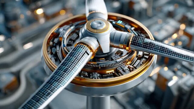 Futuristic Turbine Concept: A close-up of a highly detailed, futuristic wind turbine with integrated solar panels, set against a backdrop of a sprawling, modern city.