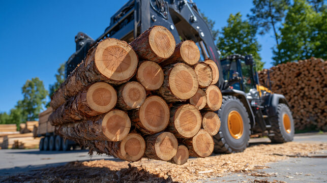 Specialized loader arm lifting a tightly stacked bundle of timber logs at a bright timber products warehouse, industrial loading area, sawdust scattered across the concrete floor, large stacks of lu
