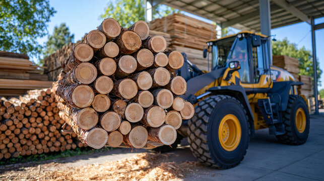 Specialized timber handling loader raising a heavy bundle of cylindrical logs beside organized stacks of wood products in a bright warehouse, fine sawdust visible on the concrete floor, realistic hy