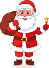 Fototapeta premium Happy Cartoon Santa Claus Holding Gift Sack and Golden Bell Vector Illustration