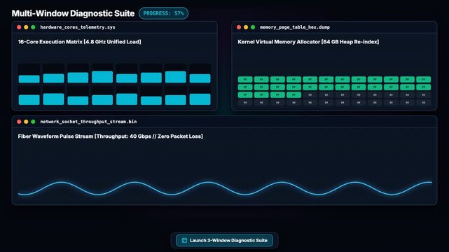 Animated multi window diagnostic suite displaying real time hardware telemetry and network performance data.