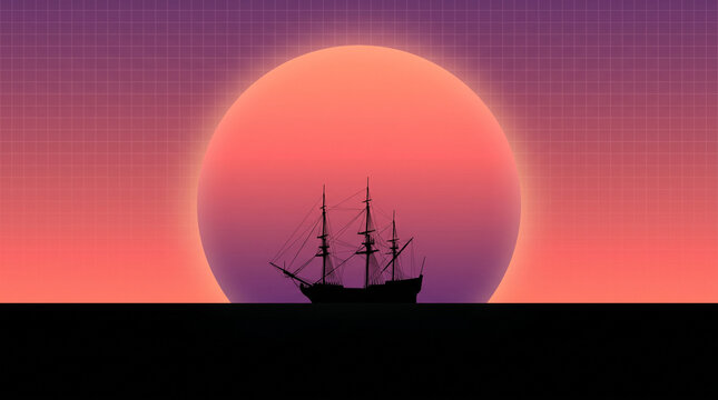 A minimalist vaporwave-style 16-9 desktop wallpaper featuring the dark silhouette of a classic sailing ship against a giant retro sun.