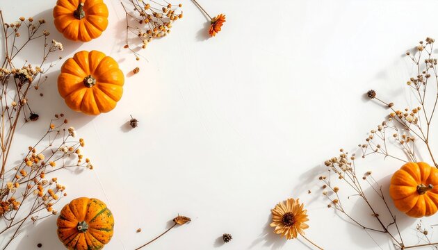 Autumn flat lay with small orange pumpkins, dried botanical flowers and vintage card on bright white background