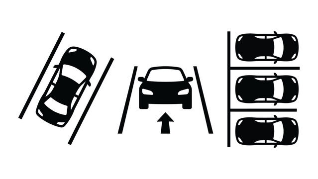 Collection showing different car parking scenarios including parallel parking, front view driving, multiple parking spaces