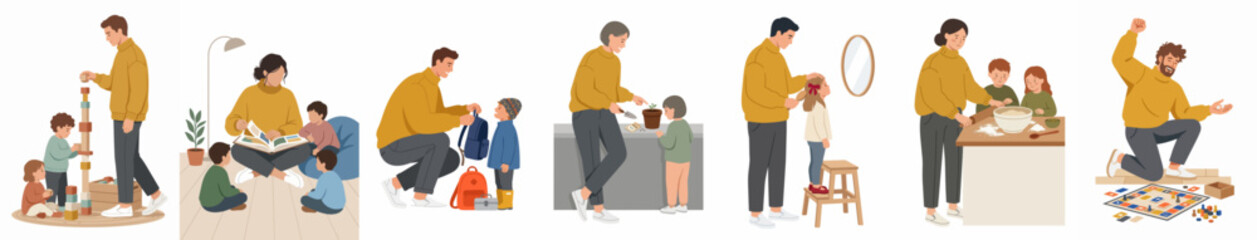 Obraz premium Set of flat vector illustrations depicting parents and children engaged in various daily activities like reading, cooking, playing, and getting ready.