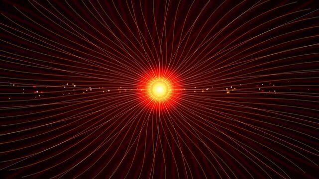 Abstract glowing red energy core radiating spiral particle rays across dark space background creating vibrant motion graphic backdrop for digital creative video.