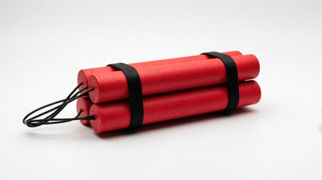 Three red dynamite sticks tied with black tape on white background. Explosive bundle with long black fuse ready for detonation. Dangerous bomb object for demolition, mining sabotage concept. High