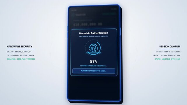 Smartphone interface showing biometric fingerprint authentication for a secure high value financial transaction.
