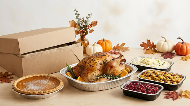 Thanksgiving dinner catering set with roasted turkey, pumpkin pie, mashed potatoes, stuffing and cranberry sauce for holiday delivery transparent