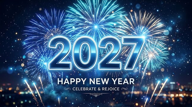 Blue fireworks display illuminating the night sky for the 2027 New Year celebration with glowing typography