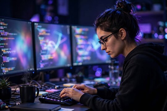 Focused Female Programmer Coding at Multi-Monitor Workstation at Night