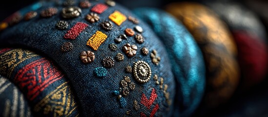 Obraz premium Colorful embroidered pillows in row.