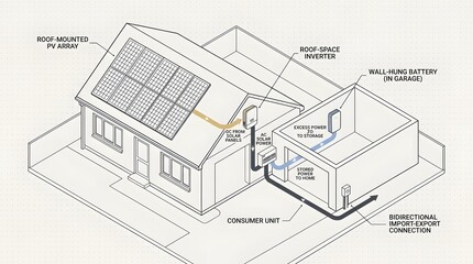 Fototapeta premium Home solar panel system diagram with roof photovoltaic array wall battery and consumer unit setup.