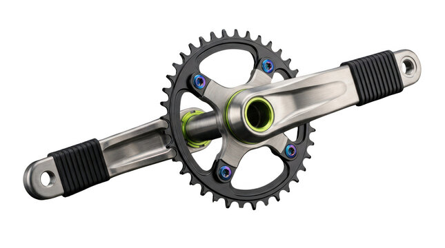 Modern bicycle crankset with chainring and titanium arms isolated on transparent background