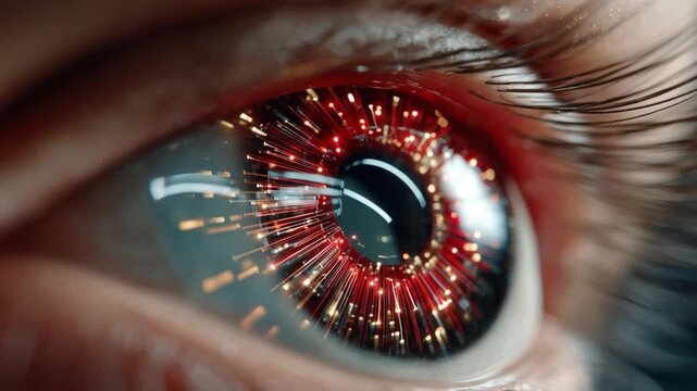 Cybernetic Eye Vision: A close-up macro shot captures the intricate detail of a human eye with a futuristic cybernetic iris, glowing with a vibrant red and gold digital pattern.