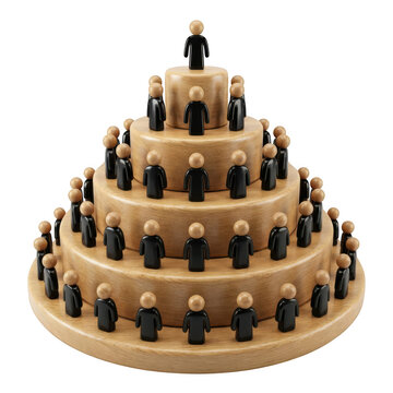 3d illustration of a corporate hierarchy pyramid with wooden tiers and black figurine employees isolated on white isolated on transparent background