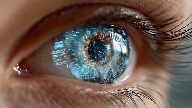 Cybernetic Vision: A close-up macro shot of a human eye with a futuristic digital interface reflected on the iris, symbolizing advanced technology and artificial intelligence.