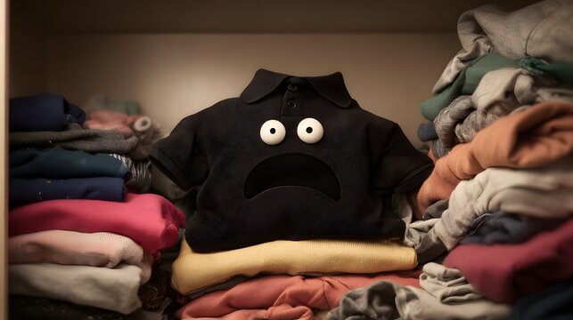 A black polo shirt character with wide eyes and an open mouth sits inside a closet surrounded by neat piles of colorful folded laundry.