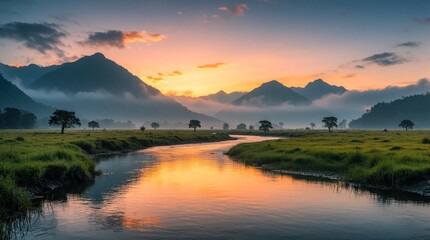 Fototapeta premium Winding river flows through grassy plain with scattered trees below misty mountains at sunrise. Sky glows orange and yellow reflecting in water surface. Peaceful natural scene.