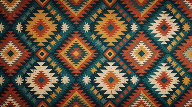 Geometric pattern with diamond shapes in tribal, ethnic style. Symmetrical design features warm earthy colors like orange, yellow, and teal blue with white accents.