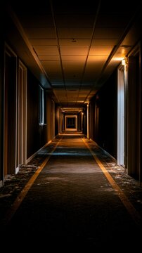 Abandoned Hotel Hallway with Peeling Paint and Dim Light