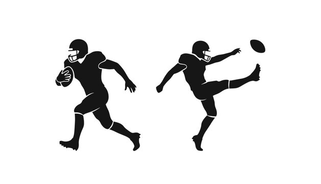 Black silhouettes of two american football players in action, one running with the ball and another kicking it high.