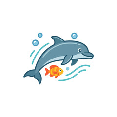 Fototapeta premium Cute cartoon dolphin swimming with a small goldfish, surrounded by stylized waves and bubbles, isolated on transparent background.